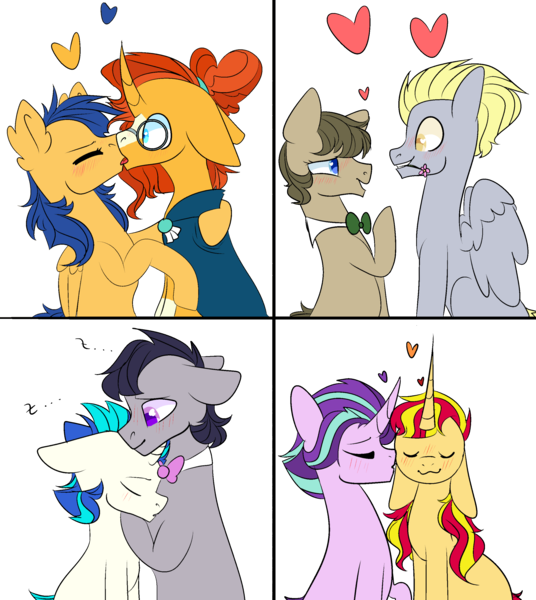 Size: 2500x2800 | Tagged: safe, artist:bublebee123, artist:icey-wicey-1517, color edit, derpibooru import, edit, derpy hooves, doctor whooves, flash sentry, octavia melody, starlight glimmer, sunburst, sunset shimmer, time turner, vinyl scratch, earth pony, pegasus, pony, unicorn, alternate hairstyle, bipedal, blushing, bowtie, clothes, collaboration, colored, curved horn, cute, diasentres, doctorbetes, doctorderpy, dopey hooves, dopeytoress, ear fluff, eyes closed, female, flare warden, flarestone, flashburst, floppy ears, flower, flower in mouth, gay, glasses, heart, horn, hug, kiss on the cheek, kissing, lesbian, male, mare, markings, mouth hold, octavius, onomatopoeia, raised hoof, record scrape, robe, rule 63, rule63betes, scrapetavius, scratchtavia, shimmerglimmer, shipping, simple background, sitting, sleeping, sound effects, stallion, stellar gleam, stellarglare, straight, sunbetes, sunburst's glasses, sunburst's robe, sunset glare, sunstone (g4 r63 sunburst), tavibetes, the doctoress, transparent background, vinylbetes, wall of tags, zzz