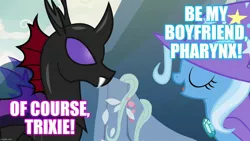 Size: 1280x720 | Tagged: caption, derpibooru import, edit, edited screencap, female, image macro, male, meme, phartrix, pharynx, safe, screencap, shipping, straight, text, to change a changeling, trixie, trixie yells at everything