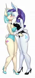 Size: 600x1334 | Tagged: suggestive, alternate version, artist:pia-sama, derpibooru import, coco pommel, rarity, anthro, earth pony, unicorn, big breasts, blushing, breasts, bunny suit, busty coco pommel, busty rarity, clothes, cropped, cuffs (clothes), female, females only, high heels, kissing, leotard, lesbian, marshmallow coco, shipping, shoes, simple background, white background