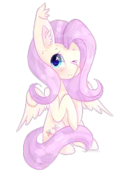 Size: 1456x2028 | Tagged: safe, artist:haiiro-ko, derpibooru import, fluttershy, pegasus, pony, blushing, cute, ear fluff, ear tufts, female, looking at you, mare, one eye closed, shyabetes, simple background, sitting, solo, spread wings, three quarter view, transparent background, wings