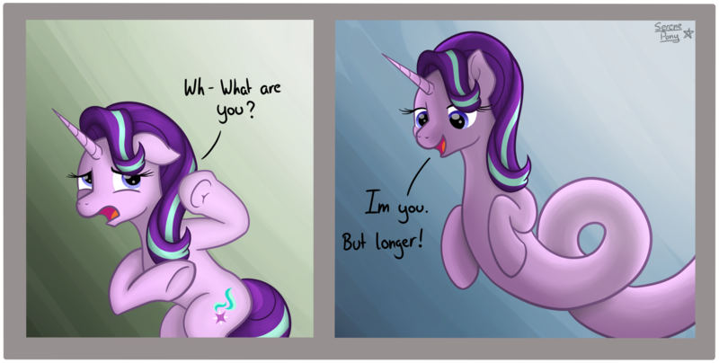 Size: 2191x1106 | Tagged: safe, artist:serenepony, deleted from derpibooru, derpibooru import, starlight glimmer, pony, unicorn, comic, digital art, duality, frog (hoof), i'm you but stronger, long glimmer, long pony, meme, scared, self ponidox, simple background, two panels, underhoof, why did i make this