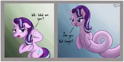 Size: 2191x1106 | Tagged: safe, artist:serenepony, deleted from derpibooru, derpibooru import, starlight glimmer, pony, unicorn, comic, digital art, duality, frog (hoof), i'm you but stronger, long glimmer, long pony, meme, scared, self ponidox, simple background, two panels, underhoof, why did i make this