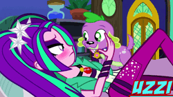 Size: 800x450 | Tagged: safe, artist:uzzi-ponydubberx, derpibooru import, aria blaze, sonata dusk, spike, dog, equestria girls, animated, ariaspike, bestiality, caught, disguise, disguised siren, gif, i've seen some shit, interspecies, kissing, spike the dog