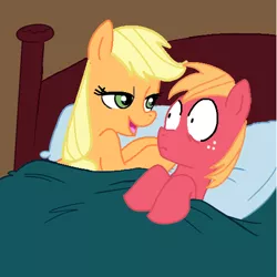 Size: 500x499 | Tagged: safe, artist:jcking101, artist:madmax, derpibooru import, edit, edited edit, editor:rozyfly10, applejack, big macintosh, earth pony, aftersex, applecest, applemac, bed, bedroom, bedroom eyes, brother and sister, female, incest, male, mare, pillow, shipping, siblings, stallion, straight