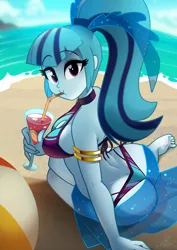 Size: 3000x4244 | Tagged: suggestive, artist:light262, derpibooru import, sonata dusk, equestria girls, adorasexy, armlet, ass, beach, beach babe, beautiful, beverage, bicolor swimsuit, breasts, busty sonata dusk, butt, cleavage, clothes, cute, drink, drinking, drinking straw, feet, female, looking at you, looking back, looking back at you, looking over shoulder, ocean, purple swimsuit, sarong, see-through, sexy, side-tie bikini, sideboob, signature, solo, solo female, sonata donk, string bikini, swimsuit, thong swimsuit