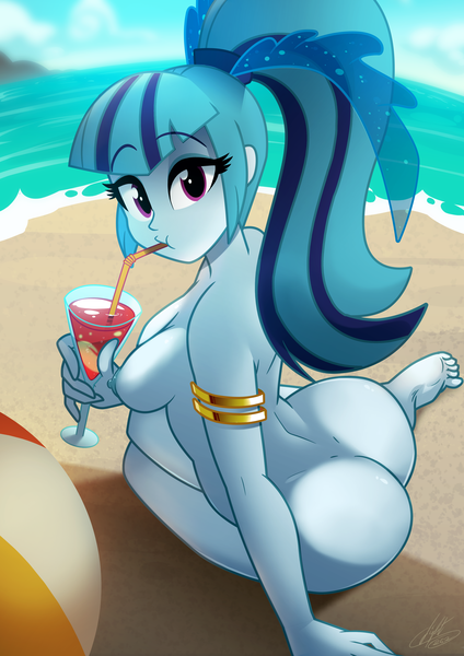 Size: 3000x4244 | Tagged: questionable, alternate version, artist:light262, derpibooru import, sonata dusk, equestria girls, adorasexy, armlet, ass, beach, beach babe, beach ball, beautiful, breasts, busty sonata dusk, butt, cute, drink, drinking, drinking straw, female, looking at you, looking back, looking back at you, looking over shoulder, nipples, nude beach, nudity, ocean, sexy, sideboob, signature, solo, solo female, sonata donk, stupid sexy sonata dusk