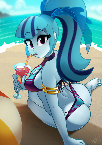 Size: 3000x4244 | Tagged: suggestive, alternate version, artist:light262, derpibooru import, sonata dusk, equestria girls, adorasexy, armlet, ass, barefoot, beautiful, bikini, bikini babe, breasts, butt, cleavage, clothes, cute, drink, drinking, drinking straw, feet, female, looking at you, looking back, looking back at you, looking over shoulder, sexy, sideboob, signature, solo, solo female, sonata donk, stupid sexy sonata dusk, swimsuit