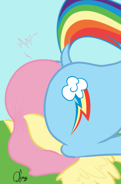 Size: 1027x1558 | Tagged: suggestive, artist:quarantinedchaoz, derpibooru import, edit, editor:rozyfly10, fluttershy, rainbow dash, pegasus, pony, ass, butt, dock, faceful of ass, facesitting, female, femdom, flank, flutterseat, grass, lesbian, lucky girl, mare, plot, prize on the eyes, sitting, sitting on, sitting on person, sitting on pony, sky, the ass was fat, these aren't my glasses