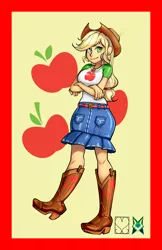 Size: 828x1280 | Tagged: safe, artist:srasomeone, derpibooru import, part of a set, applejack, equestria girls, apple, applejack's hat, belt, boots, breasts, busty applejack, clothes, cowboy hat, crossed arms, cutie mark background, denim skirt, female, food, geode of super strength, hair tie, hat, latex, looking at you, magical geodes, ponytail, raised foot, shiny, shirt, shoes, simple background, skirt, smiling, solo, yellow background