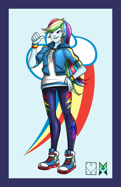 Size: 828x1280 | Tagged: safe, alternate version, artist:srasomeone, derpibooru import, part of a set, rainbow dash, equestria girls, blue background, clothes, converse, cutie mark, cutie mark background, cutie mark on clothes, female, hand on hip, hoodie, jacket, latex, leggings, looking offscreen, open mouth, shiny, shirt, shoes, simple background, smiling, sneakers, solo, thumbs up, wristband