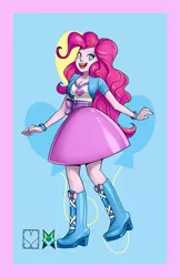 Size: 828x1280 | Tagged: safe, artist:srasomeone, derpibooru import, part of a set, pinkie pie, equestria girls, blue background, boots, bow, bracelet, breasts, busty pinkie pie, cleavage, clothes, cutie mark background, female, jacket, jewelry, latex, looking at you, open mouth, raised foot, shiny, shirt, shoes, simple background, skirt, smiling, solo, waistband