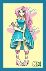 Size: 828x1280 | Tagged: safe, artist:srasomeone, derpibooru import, part of a set, fluttershy, bat pony, butterfly, equestria girls, bow, breasts, busty fluttershy, clothes, cutie mark background, dress, female, flutterbat, geode of fauna, hairclip, hand on arm, latex, looking at you, magical geodes, race swap, sandals, shiny, simple background, smiling, solo, waistband, yellow background