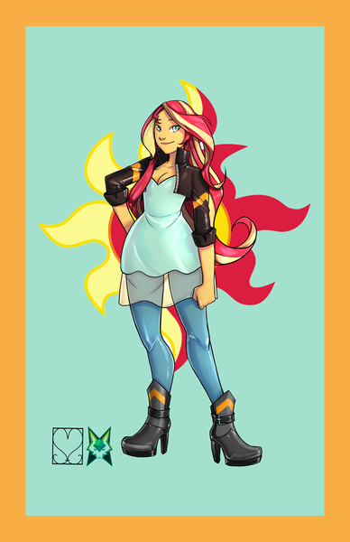 Size: 828x1280 | Tagged: safe, alternate version, artist:srasomeone, derpibooru import, part of a set, sunset shimmer, equestria girls, blue background, boots, breasts, cleavage, clothes, cutie mark background, female, hand on hip, high heel boots, jacket, latex, leather jacket, leggings, looking at you, shiny, shoes, simple background, smiling, solo