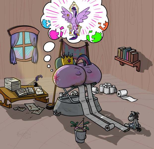 Size: 1810x1750 | Tagged: suggestive, artist:brutamod, derpibooru import, mr. turnip, smarty pants, twilight sparkle, twilight sparkle (alicorn), alicorn, pony, ass, ass brutalewd, blushing, book, broom, butt, butt only, chair, crepuscular rays, crown, delusion, desk, dirty, eyes closed, eyes do not belong there, female, fetish, folding chair, imagine spot, implied transformation, ink, inkwell, jewelry, not salmon, paper, poop, quill, regalia, scat, smear, solo, solo female, spider web, thought bubble, throne, toilet paper, toilet paper roll, tub, twibutt, wat, window