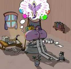 Size: 1810x1750 | Tagged: suggestive, artist:brutamod, derpibooru import, mr. turnip, smarty pants, twilight sparkle, twilight sparkle (alicorn), alicorn, pony, ass, ass brutalewd, blushing, book, broom, butt, butt only, chair, crepuscular rays, crown, delusion, desk, dirty, eyes closed, eyes do not belong there, female, fetish, folding chair, imagine spot, implied transformation, ink, inkwell, jewelry, not salmon, paper, poop, quill, regalia, scat, smear, solo, solo female, spider web, thought bubble, throne, toilet paper, toilet paper roll, tub, twibutt, wat, window
