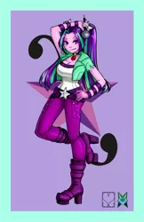 Size: 828x1280 | Tagged: safe, alternate version, artist:srasomeone, derpibooru import, part of a set, aria blaze, equestria girls, belt, boots, breasts, busty aria blaze, cleavage, clothes, commission, cutie mark background, female, gem, hand on hip, high heel boots, jacket, latex, lavender background, looking at you, microphone, pants, platform heels, pose, raised leg, shiny, shoes, simple background, siren gem, smiling, solo, top, wristband