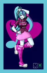 Size: 828x1280 | Tagged: safe, alternate version, artist:srasomeone, derpibooru import, part of a set, sonata dusk, equestria girls, boots, bracelet, breasts, busty sonata dusk, clothes, cutie mark background, female, gem, hand on hip, jacket, latex, looking at you, microphone, navy blue background, platform shoes, pose, raised leg, shiny, shoes, simple background, siren gem, skirt, smiling, smirk, solo, spiked wristband, wristband