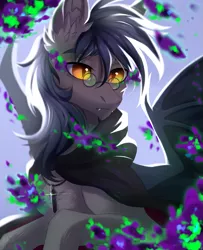 Size: 1513x1860 | Tagged: safe, artist:magicbalance, derpibooru import, oc, oc:midnight measure, unofficial characters only, bat pony, pony, backlighting, bat pony oc, bat wings, chest fluff, cloak, clothes, colored pupils, commission, crystal, dark magic, ear fluff, fangs, glasses, jewelry, lidded eyes, magic, male, necklace, solo, spread wings, stallion, wings, ych result