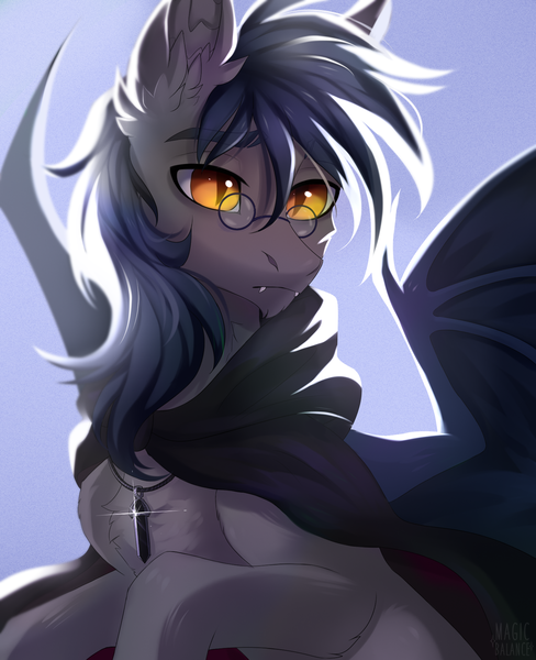 Size: 1513x1860 | Tagged: safe, artist:magicbalance, derpibooru import, edit, oc, oc:midnight measure, unofficial characters only, bat pony, pony, backlighting, bat pony oc, bat wings, chest fluff, cloak, clothes, colored pupils, commission, crystal, ear fluff, fangs, glasses, jewelry, lidded eyes, male, necklace, solo, spread wings, stallion, wings, ych result