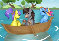 Size: 2480x1748 | Tagged: safe, artist:ali-selle, derpibooru import, oc, oc:glace, oc:luxor, oc:tulipan, classical hippogriff, hippogriff, pony, unicorn, boat, commission, cute, freckles, friendship, hairband, happy, hat, illustration, lake, luxorian trio, ocbetes, tree