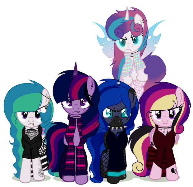 Size: 1782x1721 | Tagged: safe, artist:celestial-rue0w0, artist:elementbases, derpibooru import, oc, oc:angsty emocore, oc:clausa vera, oc:misanthropy melody, oc:myringa, oc:soprano shadow, unofficial characters only, alicorn, bat pony, bat pony alicorn, changeling, earth pony, pegasus, pony, unicorn, vampire, alicorn oc, band, base used, bat pony oc, bat wings, changeling oc, chinese text, choker, clothes, commission, curved horn, fangs, female, fishnets, flannel, flying, heart, hoodie, horn, horn ring, jewelry, lip piercing, look-alike, markings, messy mane, multicolored hair, necklace, nose piercing, nose ring, not cadance, not celestia, not flurry heart, not luna, not twilight sparkle, piercing, raised hoof, raised leg, ring, siblings, simple background, sisters, socks, spiked choker, striped socks, tattoo, transparent background, unamused, wall of tags, wing piercing, wings, wristband