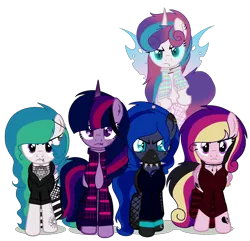 Size: 1782x1721 | Tagged: safe, artist:celestial-rue0w0, artist:elementbases, derpibooru import, oc, oc:angsty emocore, oc:clausa vera, oc:misanthropy melody, oc:myringa, oc:soprano shadow, unofficial characters only, alicorn, bat pony, bat pony alicorn, changeling, earth pony, pegasus, pony, unicorn, vampire, alicorn oc, band, base used, bat pony oc, bat wings, changeling oc, chinese text, choker, clothes, commission, curved horn, fangs, female, fishnets, flannel, flying, heart, hoodie, horn, horn ring, jewelry, lip piercing, look-alike, markings, messy mane, multicolored hair, necklace, nose piercing, nose ring, not cadance, not celestia, not flurry heart, not luna, not twilight sparkle, piercing, raised hoof, raised leg, ring, siblings, simple background, sisters, socks, spiked choker, striped socks, tattoo, transparent background, unamused, wall of tags, wing piercing, wings, wristband