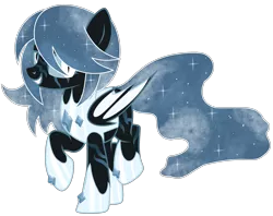 Size: 2581x2042 | Tagged: safe, artist:celestial-rue0w0, artist:lazuli, derpibooru import, oc, oc:winter's night, unofficial characters only, bat pony, pony, armor, base used, bat pony oc, bat wings, bedroom eyes, colored sclera, commission, ethereal mane, eye scar, female, grin, hoof shoes, mare, raised hoof, raised leg, scar, simple background, smiling, solo, starry mane, transparent background, wings