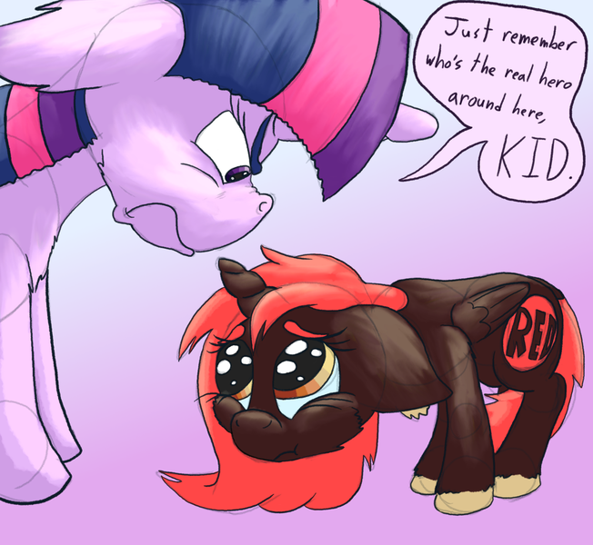 Size: 2060x1895 | Tagged: alicorn, alicorn oc, angry, artist:firefanatic, behaving like a dog, derpibooru import, horn, oc, oc:red alicorn, out of character, red and black oc, safe, speech bubble, tail between legs, twilight sparkle, twilight sparkle (alicorn), wings