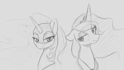 Size: 1471x841 | Tagged: safe, artist:tre, derpibooru import, nightmare moon, princess luna, alicorn, pony, bust, duo, duo female, ethereal mane, eyeroll, eyeshadow, fangs, female, floppy ears, frown, gray background, grayscale, helmet, looking at you, luna's crown, makeup, monochrome, simple background, sketch, slit eyes, smiling