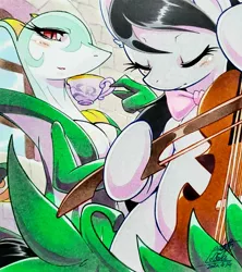Size: 1818x2048 | Tagged: safe, artist:025aki, derpibooru import, octavia melody, earth pony, pony, serperior, bowtie, cello, crossover, drinking, eyes closed, female, food, mare, musical instrument, playing instrument, pokémon, red eyes, tea, traditional art