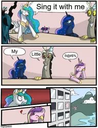Size: 500x655 | Tagged: alicorn, angry, boardroom suggestion, changeling, changeling queen, defenestration, derpibooru import, discord, draconequus, employer meme, exploitable meme, female, floating heart, heart, meme, mountain, one eye closed, princess cadance, princess celestia, princess luna, queen chrysalis, safe, trixie, twilight sparkle, wink