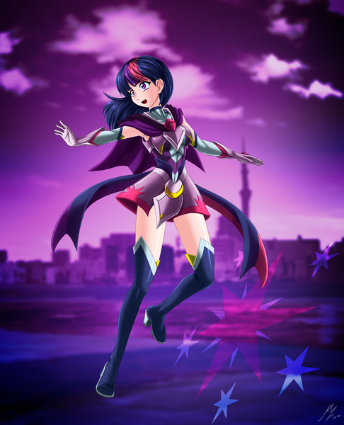 Size: 3354x4141 | Tagged: alternate version, anime, anime style, armpits, artist:mauroz, battle suit, derpibooru import, horn, horned humanization, human, humanized, magic, safe, twilight sparkle