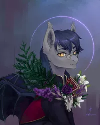 Size: 1528x1896 | Tagged: safe, artist:svelen, derpibooru import, oc, oc:midnight measure, unofficial characters only, bat pony, bat pony oc, bat wings, bust, cloak, clothes, commission, ear fluff, fancy, fangs, flower, glasses, looking at you, male solo, portrait, rose, solo, wings, ych result