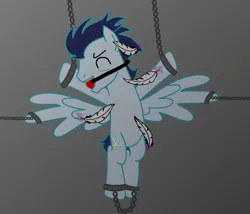 Size: 4084x3494 | Tagged: suggestive, artist:jeannedu30, artist:lulow, derpibooru import, soarin', pegasus, pony, backwards cutie mark, ballgag, bondage, chains, cuffs, erotic tickling, eyes closed, feather, fetish, gag, levitation, magic, male, malesub, old cutie mark, shackles, solo, solo male, stallion, submissive, suspended, telekinesis, tickle fetish, tickle torture, tickling, wrong cutie mark