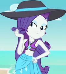 Size: 890x1009 | Tagged: safe, derpibooru import, screencap, rarity, equestria girls, equestria girls series, forgotten friendship, beach, beach hat, beautiful, belly button, bikini, bikini top, clothes, cloud, cropped, cute, diamond, eyeshadow, female, geode of shielding, hair flip, hat, image, jewelry, lidded eyes, magical geodes, makeup, midriff, necklace, outdoors, png, pose, raribetes, sand, sarong, sky, sleeveless, smiling, solo, stupid sexy rarity, sun hat, swimsuit