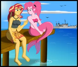 Size: 2300x1988 | Tagged: safe, artist:physicrodrigo, derpibooru import, part of a set, pinkie pie, sunset shimmer, bird, human, mermaid, series:equestria mermaids, equestria girls, barefoot, battleship, belly button, bikini, bikini top, boat, breasts, busty pinkie pie, busty sunset shimmer, cleavage, clothes, cloud, duo, duo female, feet, female, fins, grin, high res, hug, looking at each other, mermaid tail, mermaidized, mexico, midriff, military, navy, ocean, part of a series, pier, ponytail, raised hand, sarong, seashell bra, ship, sitting, smiling, social distancing, species swap, story included, swimsuit, tail hug