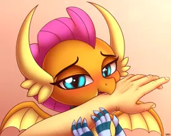 Size: 2900x2300 | Tagged: safe, artist:heavymetalbronyyeah, derpibooru import, smolder, dragon, human, affection, bedroom eyes, biting, blue eyes, blushing, claws, clothes, collar, cute, dragoness, female, gloves, hand, heart eyes, horns, looking at you, love bite, nom, offscreen character, offscreen human, pov, smolderbetes, spread wings, teenaged dragon, teenager, wingding eyes, wings