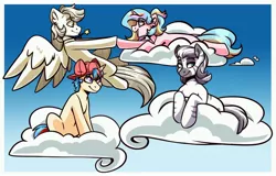 Size: 3812x2444 | Tagged: safe, artist:lrusu, derpibooru import, oc, oc:feather-d, oc:iuth, oc:oofy colorful, oc:tera infomare, unofficial characters only, pegasus, pony, unicorn, zebra, cloud, on a cloud, sitting, sitting on cloud