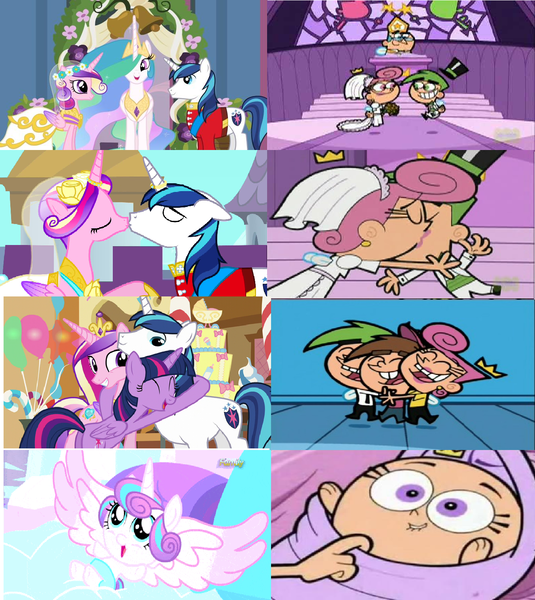 Size: 1352x1516 | Tagged: a canterlot wedding, alicorn, artist:brandonale, comparison, cosmo, cosmo cosma, derpibooru import, edit, edited screencap, fairly odd parents, lip to lip contact, poof (fop), princess cadance, princess celestia, princess flurry heart, safe, screencap, shining armor, the crystalling, the one where pinkie pie knows, timmy turner, twilight sparkle, twilight sparkle (alicorn), wanda, wanda fairywinkle