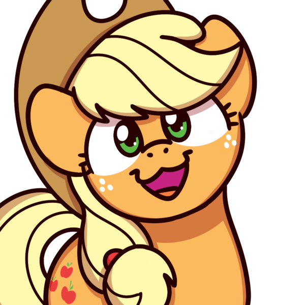 Size: 1000x1000 | Tagged: safe, alternate version, artist:sugar morning, derpibooru import, applejack, earth pony, pony, bust, cat face, cat smile, cute, female, freckles, hat, jackabetes, looking at you, mare, missing freckles, open mouth, simple background, smiling, solo, sugar morning's smiling ponies, transparent background