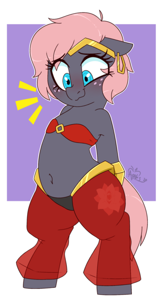 Size: 1265x2385 | Tagged: safe, artist:notenoughapples, derpibooru import, oc, oc:vedalia rose, earth pony, genie, pony, belly button, blushing, clothes, cosplay, costume, embarrassed, shantae, shantae (character), simple background, solo, transparent background