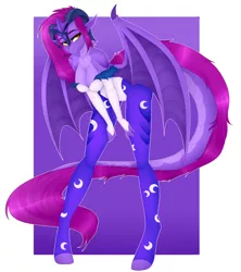 Size: 4000x4500 | Tagged: suggestive, artist:kannakiller, derpibooru import, oc, oc:amethyst shimmer, unofficial characters only, anthro, dracony, dragon, hybrid, pony, unguligrade anthro, breasts, cleavage, clothes, female, leaning forward, outfit, parent:spike, parent:twilight sparkle, pose, socks, solo, solo female, standing, stockings, tail, thigh highs, wings