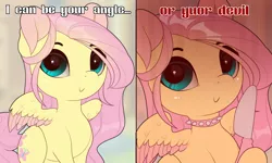 Size: 1300x780 | Tagged: safe, artist:evehly, derpibooru import, fluttershy, pegasus, pony, 2 panel comic, :>, angel, butter knife, c:, choker, chokershy, colored wings, colored wingtips, comic, cute, devil, edgy as fuck, evehly is trying to murder us, female, hoof hold, intentional spelling error, knife, looking at you, meme, misspelling, ponified meme, shyabetes, smiling, solo, spiked choker, spread wings, text, two toned wings, wing fluff, wings