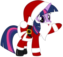 Size: 1138x1024 | Tagged: artist needed, safe, derpibooru import, twilight sparkle, pony, unicorn, beard, belt, boots, christmas, clothes, costume, facial hair, fake beard, female, gloves, hat, holiday, looking at you, mare, raised hoof, santa beard, santa claus, santa costume, santa hat, shoes, simple background, solo, transparent background, vector