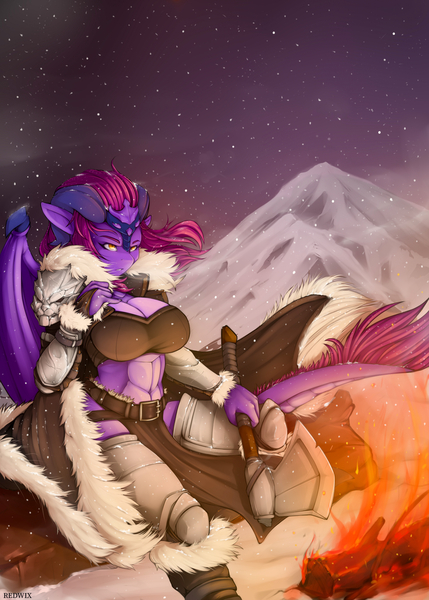 Size: 3750x5250 | Tagged: suggestive, artist:redwix, derpibooru import, oc, oc:amethyst shimmer, unofficial characters only, anthro, dracony, dragon, hybrid, pony, absolute cleavage, belly, belly button, breasts, cleavage, clothes, female, fire, horns, midriff, mountain, sitting, snow, solo, tail, viking, weapon, wings, winter