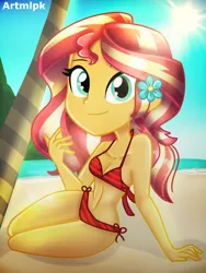Size: 1536x2048 | Tagged: safe, artist:artmlpk, derpibooru import, sunset shimmer, equestria girls, adorable face, adorasexy, adorkable, bare shoulders, beach, beautiful, bikini, breasts, chest, cleavage, clothes, cute, digital art, dork, flower, flower in hair, hawaii, island, looking at you, ocean, outfit, palm tree, plant, sexy, smiley face, smiling, smiling at you, solo, swimsuit, tree, two piece swimsuit, vacation, water