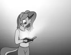Size: 1200x927 | Tagged: anthro, artist:warskunk, book, clothes, derpibooru import, gradient background, grayscale, grayscale background, hybrid, magic book, male, monochrome, oc, oc:forest glade, reading, safe, solo, unofficial characters only, zebra, zebracorn, zony