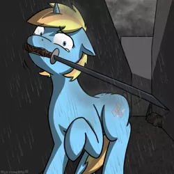 Size: 600x600 | Tagged: safe, artist:skydreams, derpibooru import, oc, oc:skydreams, unofficial characters only, pony, unicorn, crying, female, impending doom, rain, shocked, sword, vent art, weapon