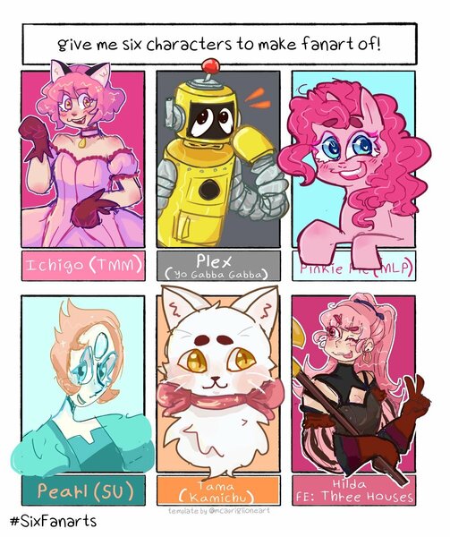 Size: 1005x1200 | Tagged: safe, artist:sunflowermews, derpibooru import, pinkie pie, cat, earth pony, human, pony, robot, six fanarts, :d, animal ears, bust, chest fluff, clothes, crossover, dress, female, fire emblem: three houses, hilda, kamichu!, mare, momomiya ichigo, one eye closed, peace sign, pearl (steven universe), plex, smiling, steven universe, tama (kamichu!), tokyo mew mew, wink, yo gabba gabba