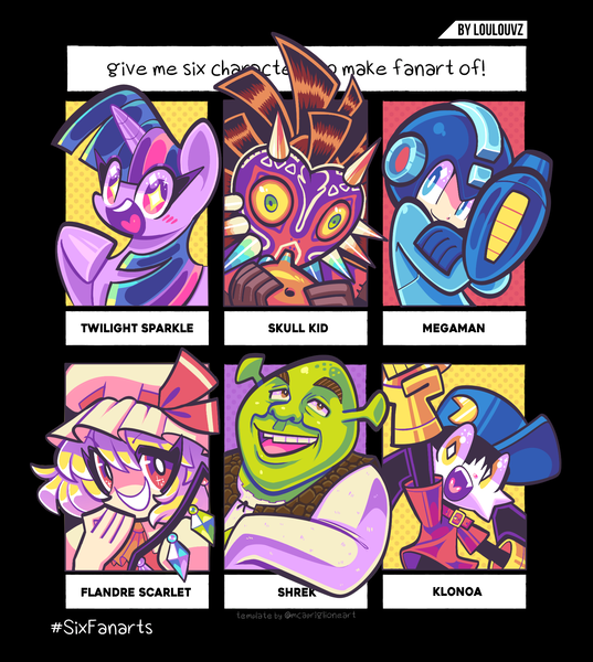 Size: 1746x1950 | Tagged: safe, artist:loulouvz, artist:spaicy, derpibooru import, twilight sparkle, twilight sparkle (alicorn), alicorn, human, ogre, pony, unicorn, six fanarts, challenge, clothes, crossover, fanart, female, flandre scarlet, klonoa, mare, megaman, megaman (character), open mouth, raised hoof, shrek, skull kid, smiling, starry eyes, the legend of zelda, the legend of zelda: majora's mask, touhou, unicorn twilight, wingding eyes